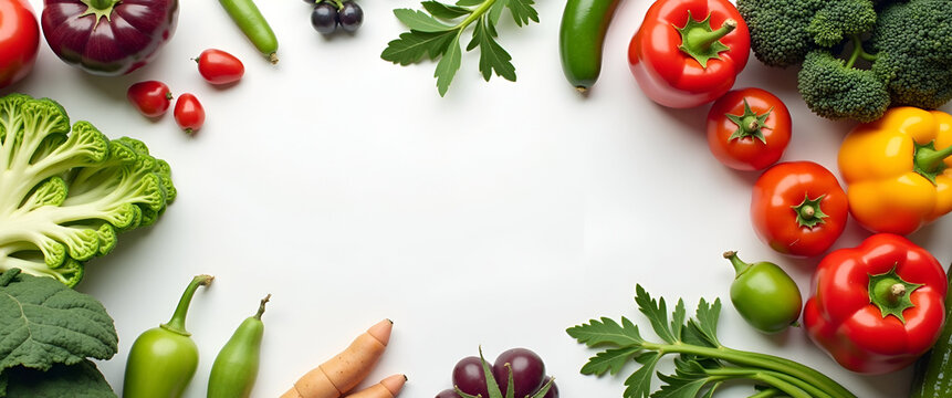A minimalist flat lay of fresh vegetables and fruits arranged artistically, ensuring ample copy space, emphasizing health and sustainability in eating concepts.