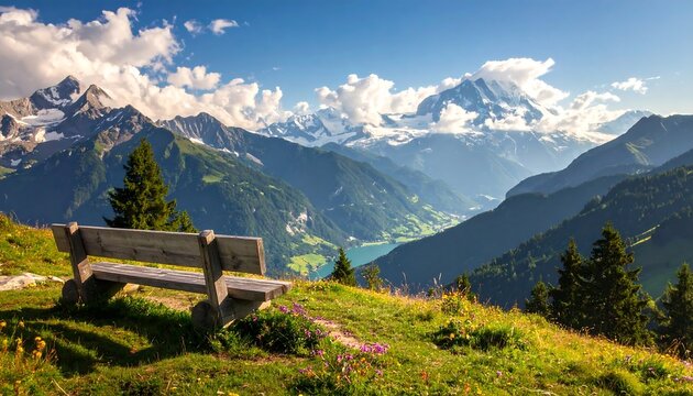Stunning scenic panorama of mountains with a wooden bench overlooking the valley below