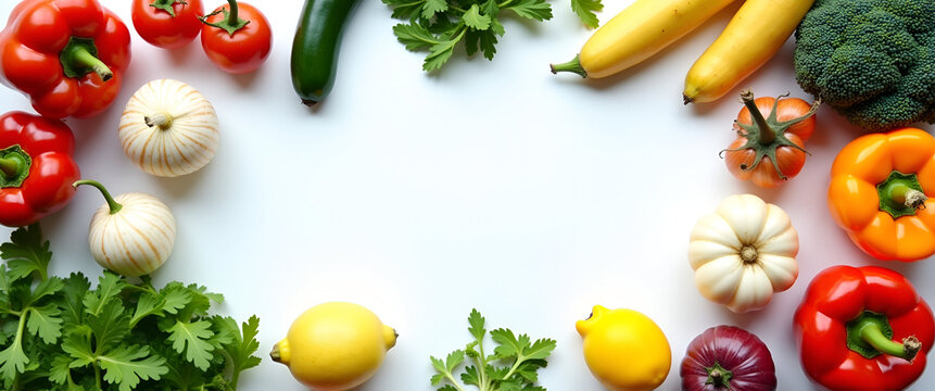A minimalist flat lay of fresh vegetables and fruits arranged artistically, ensuring ample copy space, emphasizing health and sustainability in eating concepts.