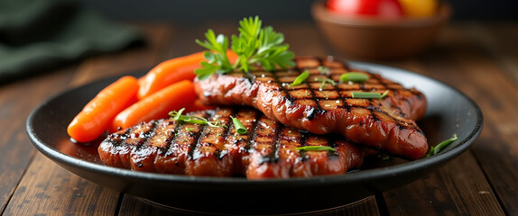A beautifully arranged barbecue serving plate with grilled meats and vegetables, centered in the composition to allure the viewers attention amidst copy space.