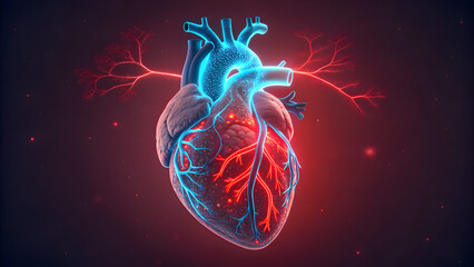 Striking anatomical heart illustration with vivid neon arteries, perfect for medical education and health awareness campaigns, conveying vitality