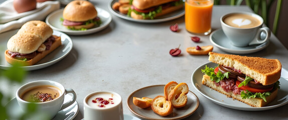An organized coffee break table showcases delicate sandwiches, assorted snacks, and soothing beverages, framed by ample negative space for promotional content and branding.