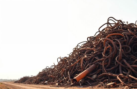 Pile of rusty scrap metal lies at dump in yard. Abandoned waste cables and pipes get reused at landfill. Metal recycling is an eco solution to pollution.