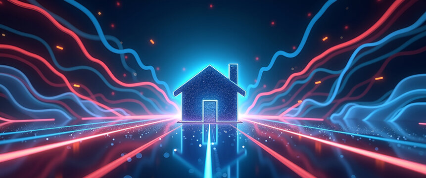 A vibrant futuristic concept of home loan offers for 2025, employing leading lines and visual hierarchy to emphasize modern financial tools and options.