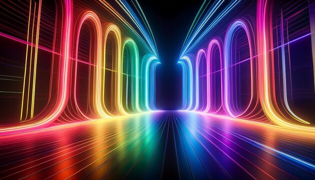 dynamic rainbow light streaks create a futuristic stage for vibrant presentations