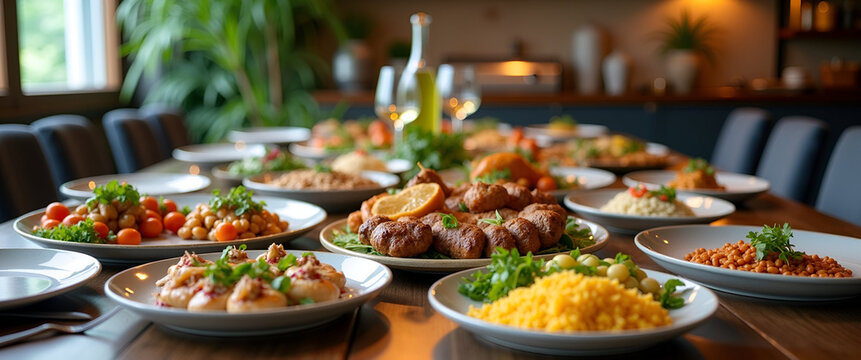 An elegant kitchen table setting featuring a diverse array of international cuisine, inviting plate compositions, and ample copy space for text placement.