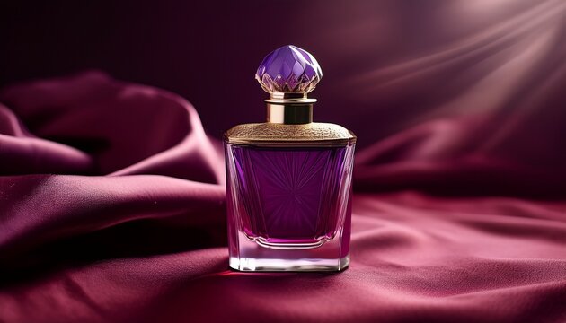 purple perfume bottle on burgundy fabric