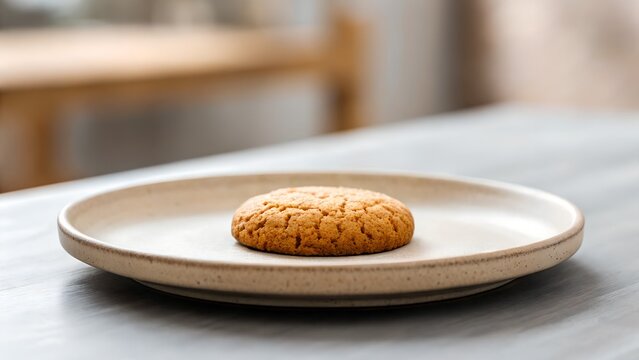 Single Oatmeal Cookie on a Speckled Ceramic Plate with Soft Natural Light