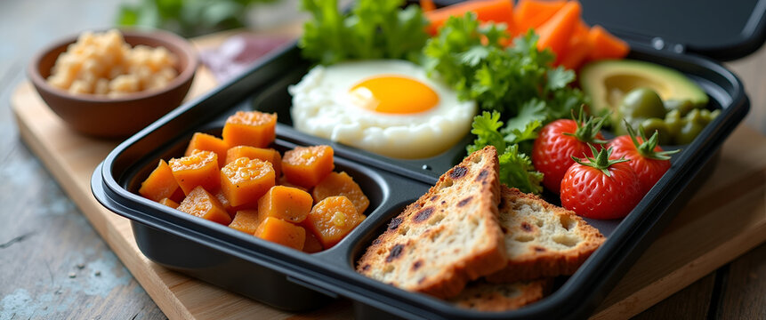 An organized lunch box featuring a variety of dishes, providing a visually appealing presentation that allows for sufficient copy space to highlight meal concepts or products.