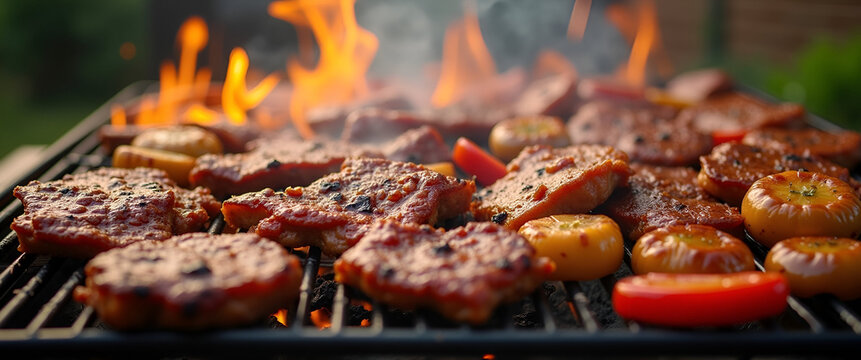 A mouthwatering display of grilled meats at a weekend BBQ party is captured with vibrant colors and inviting composition, leaving room for text placement.