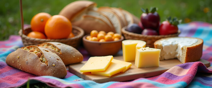 A vibrant picnic weekend setup featuring artisanal bread, cheeses, and fresh fruits on a colorful blanket, with a focus on hierarchy of importance in arrangement.