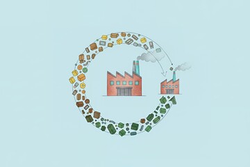 Naklejka premium Recycling process illustrated with factories and waste materials circular product lifecycle