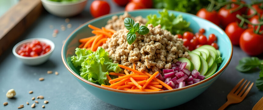 A vibrant salad delivery display highlighting a colorful salad bowl filled with fresh ingredients, artfully arranged with plenty of copy space for branding. - Powered by Adobe