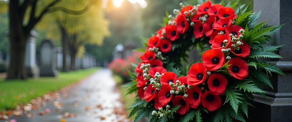 A beautifully arranged remembrance wreath made of fresh poppies and greenery, set against a backdrop of a quiet cemetery, allowing for ample copy space.