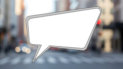 Blank speech bubble floating over a blurred city street.