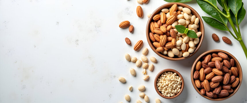 Portray a clean workspace featuring wholesome ingredients like nuts and seeds, emphasizing the importance of healthy meals while ensuring enough copy space for textual elements.