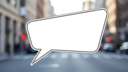 Blank Speech Bubble Floating Over City Street Scene.