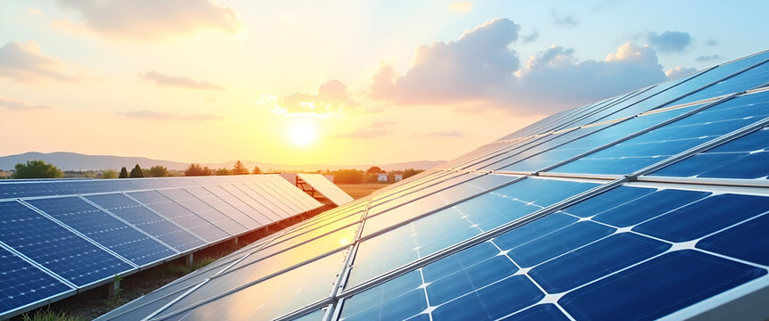 A captivating watercolor depiction of solar power efficiency illustrating panels absorbing sunlight, beautifully arranged in leading lines, with the horizon allowing for copy space.