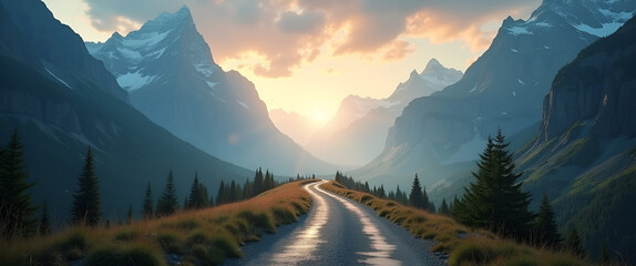 A dramatic portrayal of outdoor adventure photography showcasing a breathtaking pathway leading to soaring mountains, strategically composed to allow for engaging marketing messages.