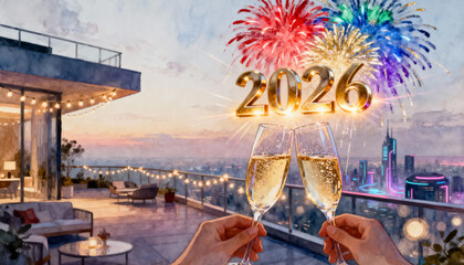 New Year 2026 Rooftop Celebration with Fireworks and Champagne
