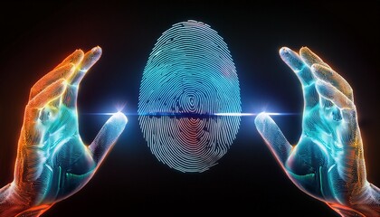 abstract luminous fingerprint scanner on black background