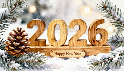 Wooden 2026 Happy New Year Sign in Snowy Winter Setting
