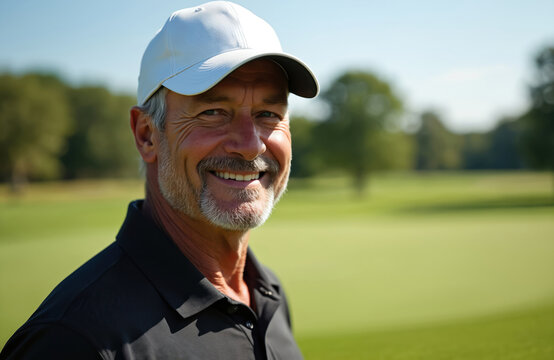 Mature golfer smiles on golf course. Man wears white cap and black shirt. Scenic view of sport, leisure. Recreation outdoor game activity at green scenic resort.