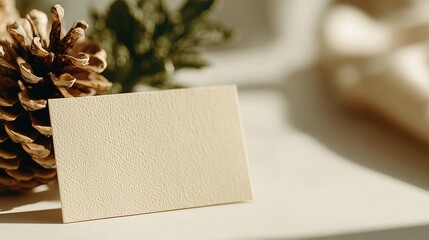 Blank textured beige card with golden pinecone and green foliage, set in soft warm light. Minimalist natural decor background, suitable as template for greeting card, note or invitation