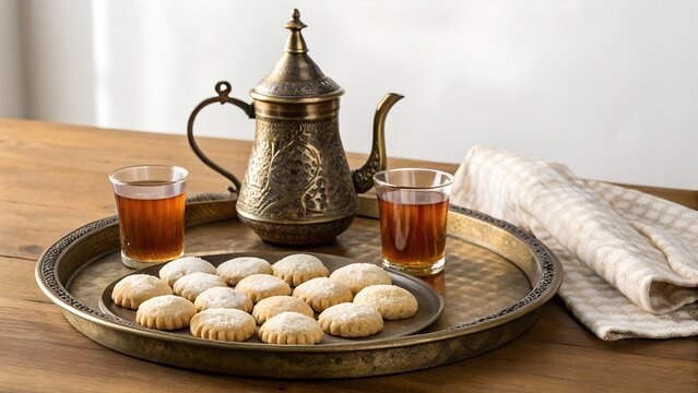 Traditional Arabic Coffee Pot With Cookies And Tea Set On A Wooden Table - Powered by Adobe