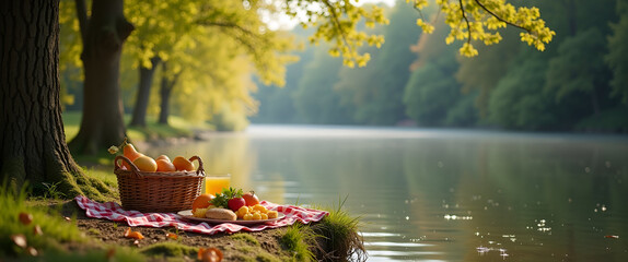 A serene picnic by a river, displaying soft reflections of trees on water, ideal for soothing aesthetics and featuring ample copy space in the composition.