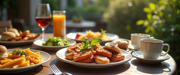 An inspiring vegan brunch setup featuring an array of dishes on a sunlit patio, with sufficient negative space for brand messaging and promotional materials.