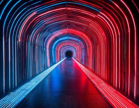 enter the vibrant neon tunnel with red and blue lights for a stunning backdrop - Powered by Adobe