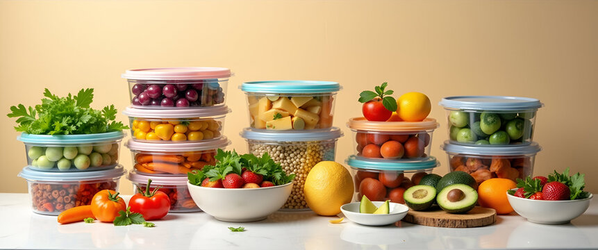 A visually appealing collection of healthy eating routines displayed artistically, featuring meal prep containers, bowls, and colorful ingredients, using negative space for a clean look.