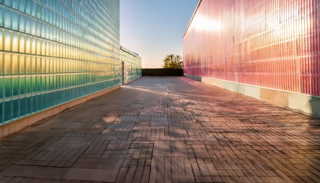 pastel glass block wall with long shadows