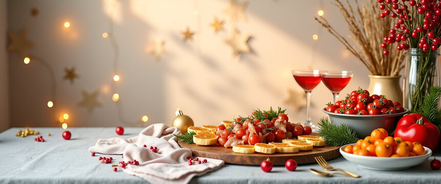 A minimalist New Year buffet table adorned with fresh appetizers, festive drinks, and vibrant decorations, ensuring ample copy space for promotional use.