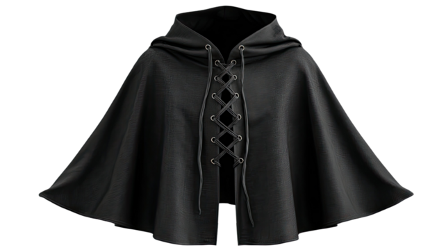  Mysterious Black Hooded Cloak Draped Over Figure with Flowing Fabric for Costume and Cosplay Isolated on White Background