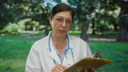 Woman doctor wearing glasses and white coat with blue stethoscope writes on clipboard in green park; compassion.