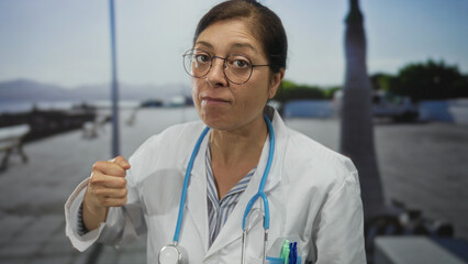 Woman doctor in white coat with blue stethoscope shakes fist on street under bright sunlight; anger warning.
