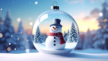 Happy snowman in the christmas bauble over the winter. Generative Ai happy