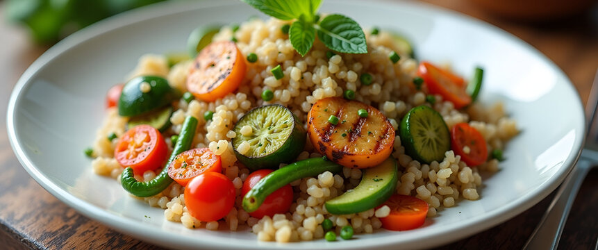 A visually appealing quinoa dinner idea with grilled vegetables elegantly plated, incorporating leading lines that guide the viewers eye and allow for copy space.
