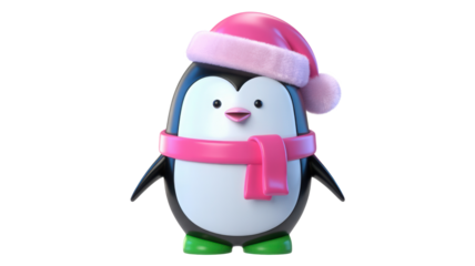 Cute cartoon penguin wearing a pink santa hat and scarf with green boots isolated on transparent background