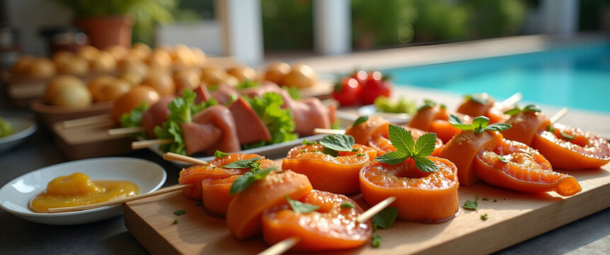 A stylish arrangement of luxurious pool party food catering, displaying a variety of delectable options with a focus on easy accessibility and plenty of space for branding.