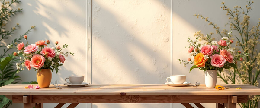 A minimalistic outdoor picnic table designed elegantly with fresh flowers, emphasizing bright colors against a muted background, ensuring ample copy space for branding.