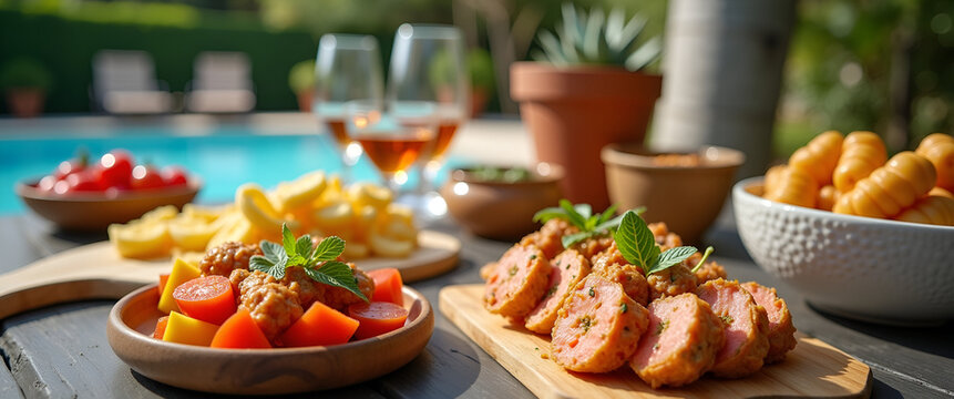 A beautifully arranged table showcasing luxurious snacks and appetizers for a pool party, with plenty of copy space around the food presentation. - Powered by Adobe