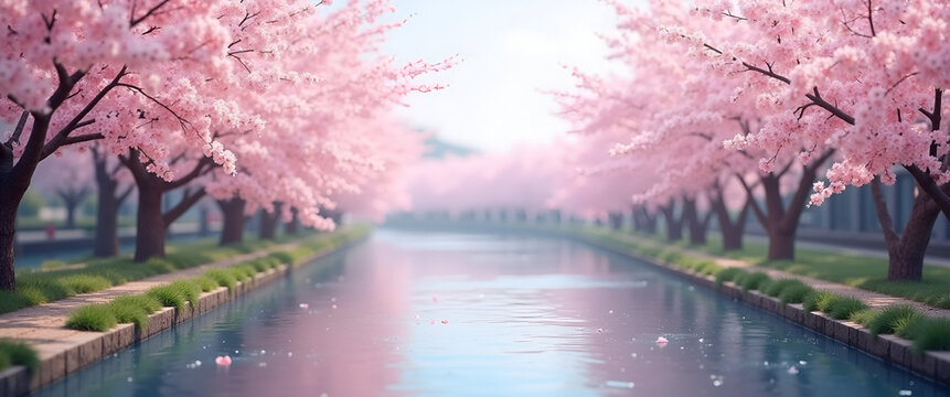 A serene sakura landscape featuring delicate cherry blossoms with a gently flowing river in the foreground, offering ample copy space for textual overlay.