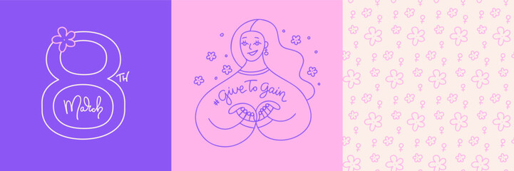 Happy International Women s Day greeting cards set on theme of GiveToGain. Square covers with minimalist female character, floral seamless pattern. Vector