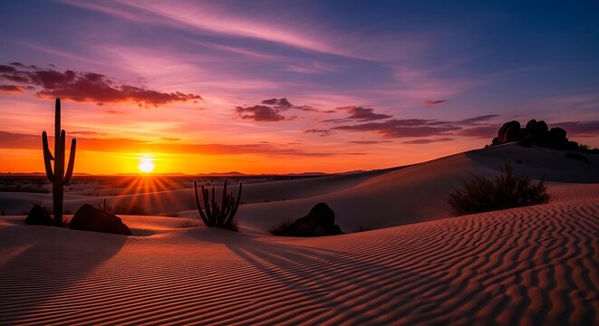 Dramatic desert sunset with cacti silhouettes and vibrant sky colors. - Powered by Adobe