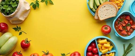 A school lunch setup with a variety of healthy options on a bright surface, arranged for leading lines and with ample copy space for ideas or themes.