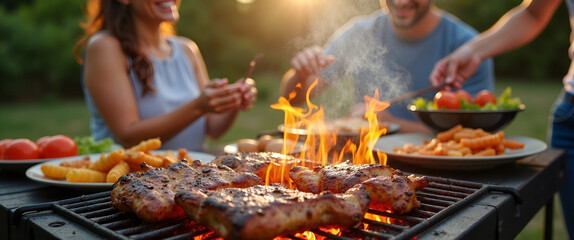 An inviting outdoor BBQ scene with sizzling grilled food and friends laughing, arranged to offer great copy space for lifestyle and cooking concepts.