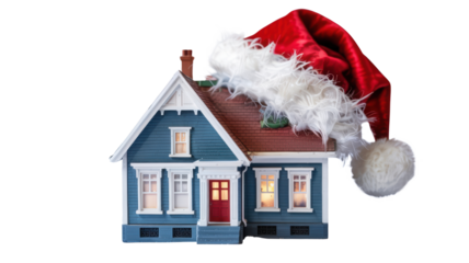 Festive blue victorian style miniature house with illuminated windows wearing a large red santa hat isolated on transparent background